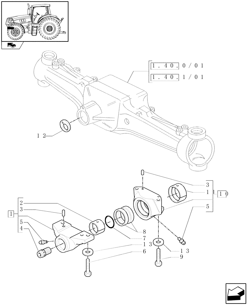 Схема запчастей Case IH PUMA 155 - (1.21.1[02]) - SUPPORT FOR 4WD STANDARD FRONT AXLE - TRUNNIONS (03) - TRANSMISSION