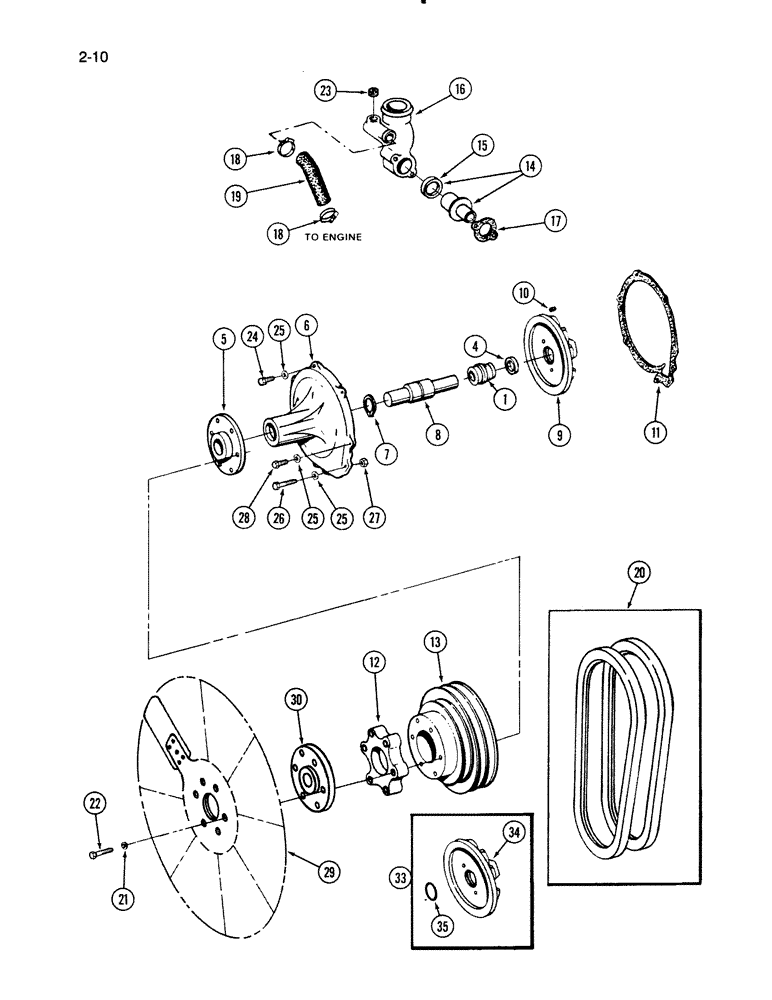 Схема запчастей Case IH 1670 - (2-10) - FAN, BELTS, THERMOSTAT AND WATER PUMP, DTI466C ENGINE (01) - ENGINE