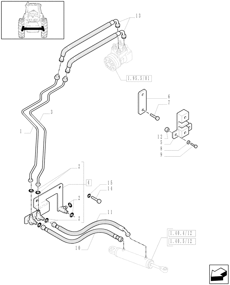 Схема запчастей Case IH MAXXUM 120 - (1.42.0/04) - 4WD (CL.3) SUSPENDED FRONT AXLE - STEERING CYLINDER PIPES AND POWER STEER. PIPES (VAR.330414-330427) (04) - FRONT AXLE & STEERING