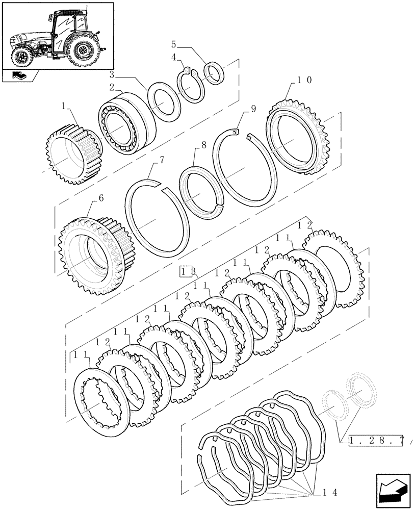 Схема запчастей Case IH FARMALL 105N - (1.28.7/02[03]) - 16X16 HYDR. TRANSM. WITH SYNCHRO GEARS AND POWER SHUTTLE - CLUTCH PLATE HUBS (VAR.330278-332278 / 743509) (03) - TRANSMISSION