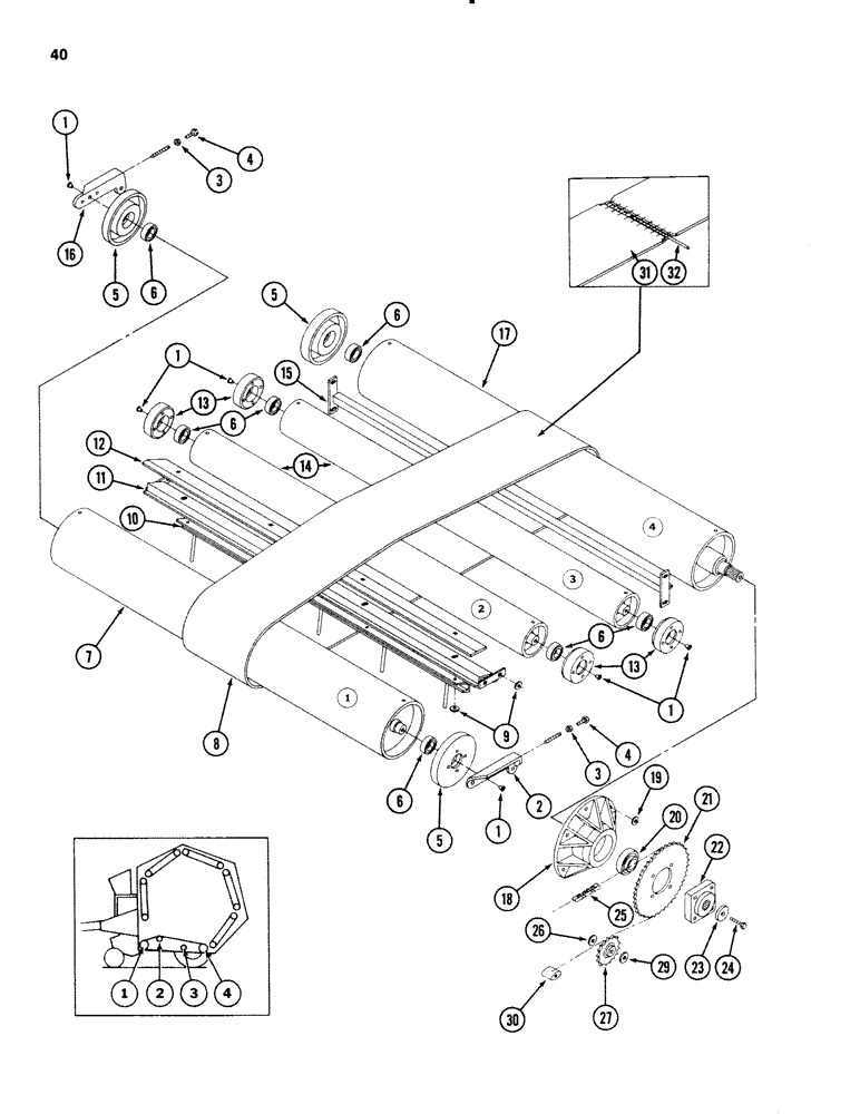 Схема запчастей Case IH 3650 - (40) - BELTS AND ROLLER ASSEMBLIES 1 - 4, MACHINES WITH 1.378" (35 MM) ID BEARINGS, PRIOR TO P.I.N. 001530 