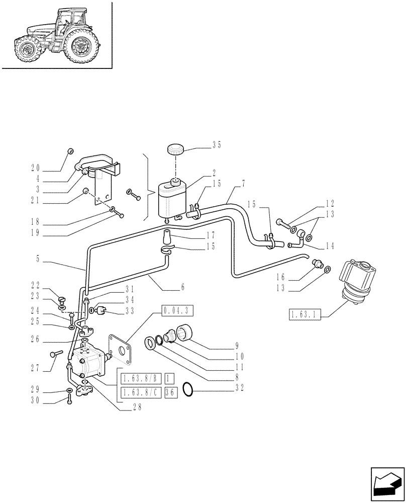 Схема запчастей Case IH JX95 - (1.63.8[03]) - POWER STEERING - PIPES AND UNIONS (04) - FRONT AXLE & STEERING