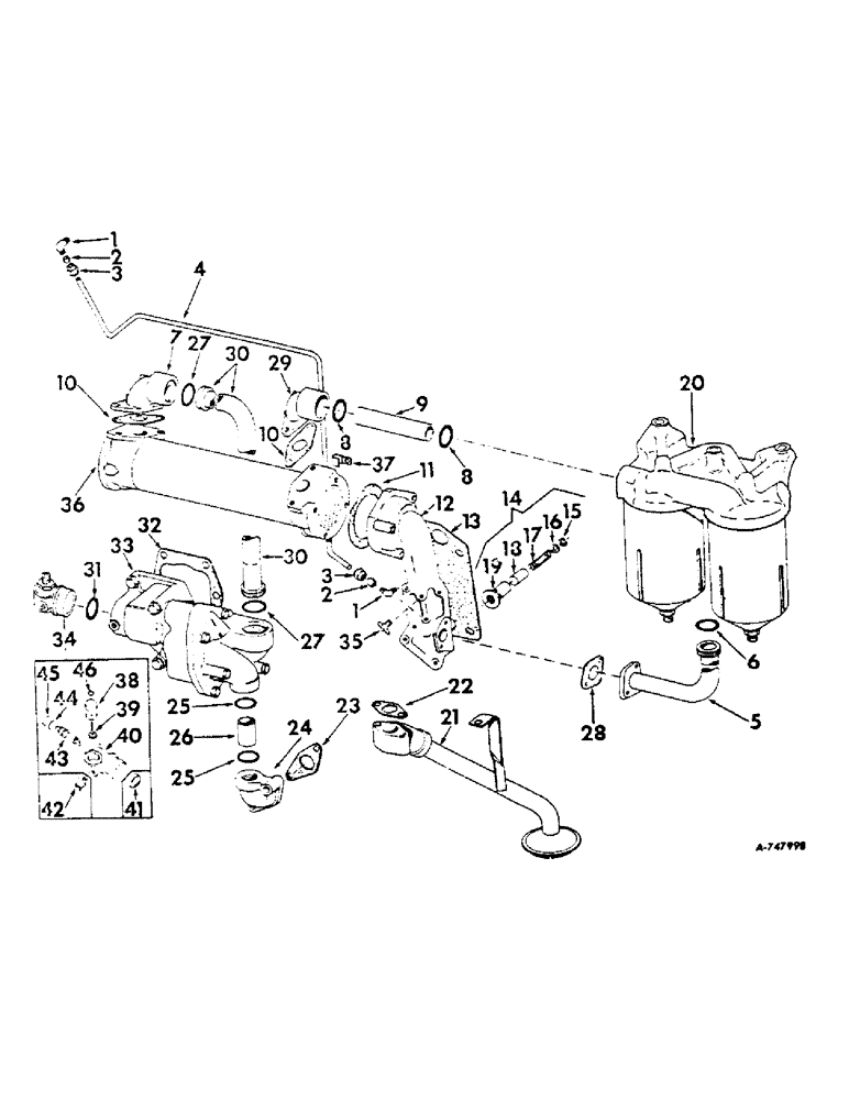 Схема запчастей Case IH 2806 - (D-21) - DIESEL ENGINE, ENGINE OIL COOLER FILTER AND PUMP PIPING, ENGINE SERIAL NO. D-361 22698 AND BELOW (01) - ENGINE