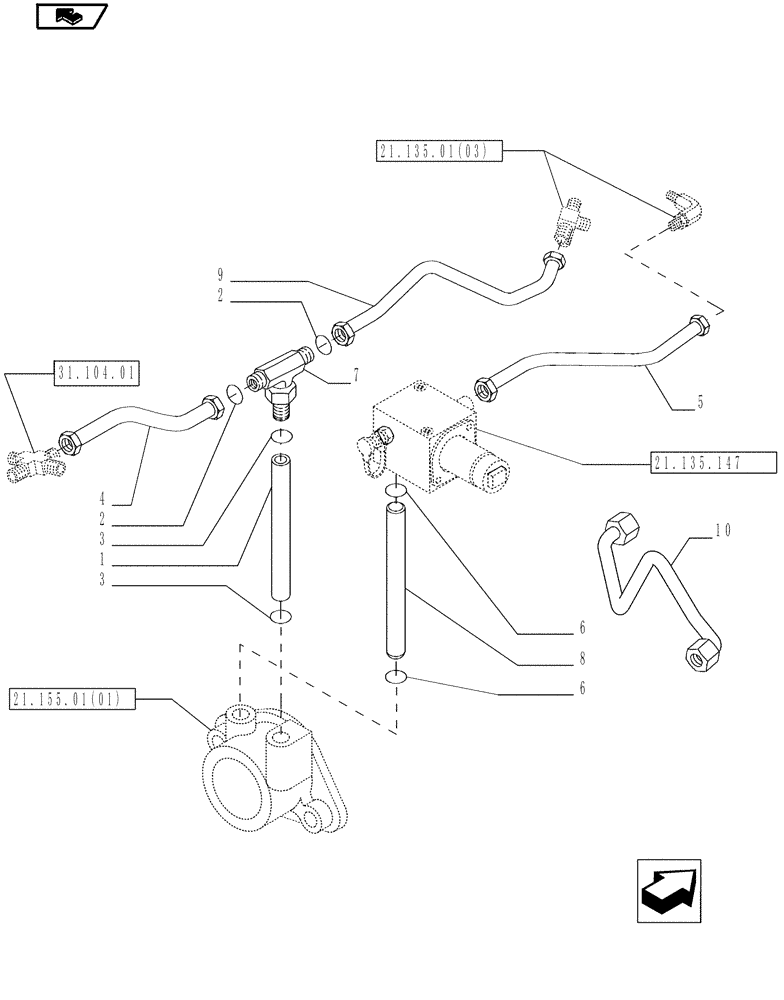 Схема запчастей Case IH MAGNUM 210 - (21.105.08) - TRANSMISSION 19X6, GEAR CHANGE LUBRICATION PIPES, WITH POWERSHIFT TRANSMISSION (21) - TRANSMISSION