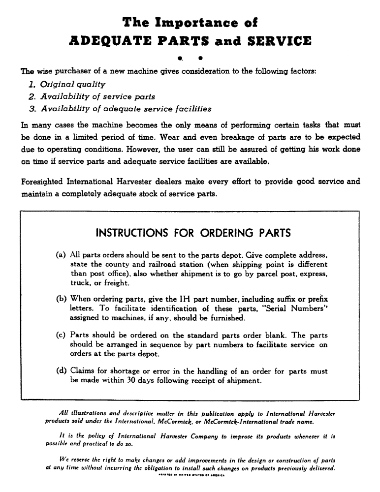 Схема запчастей Case IH 234 - (2) - THE IMPORTANCE OF ADEQUATE PARTS AND SERVICE (00) - GENERAL & PICTORIAL INDEX