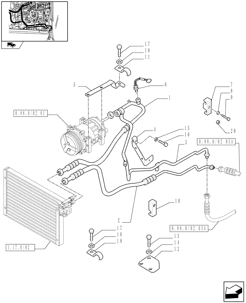 Схема запчастей Case IH FARMALL 95N - (0.88.0/01[02]) - AIR CONDITIONING - PIPES AND RELATED PARTS (VAR.330641 / 743539; VAR.332641 / 743540) (01) - ENGINE