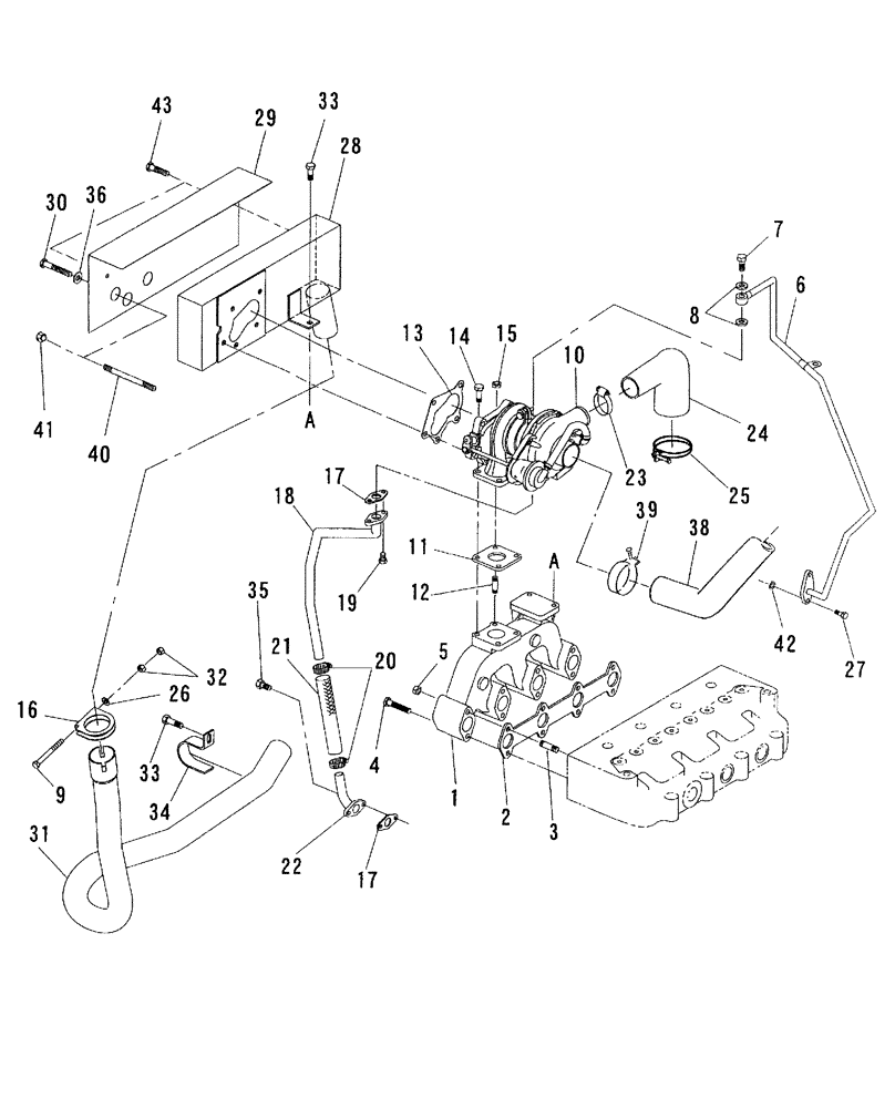 Схема запчастей Case IH DX55 - (02.03) - TURBOCHARGER & MANIFOLD EXHAUST (02) - ENGINE EQUIPMENT