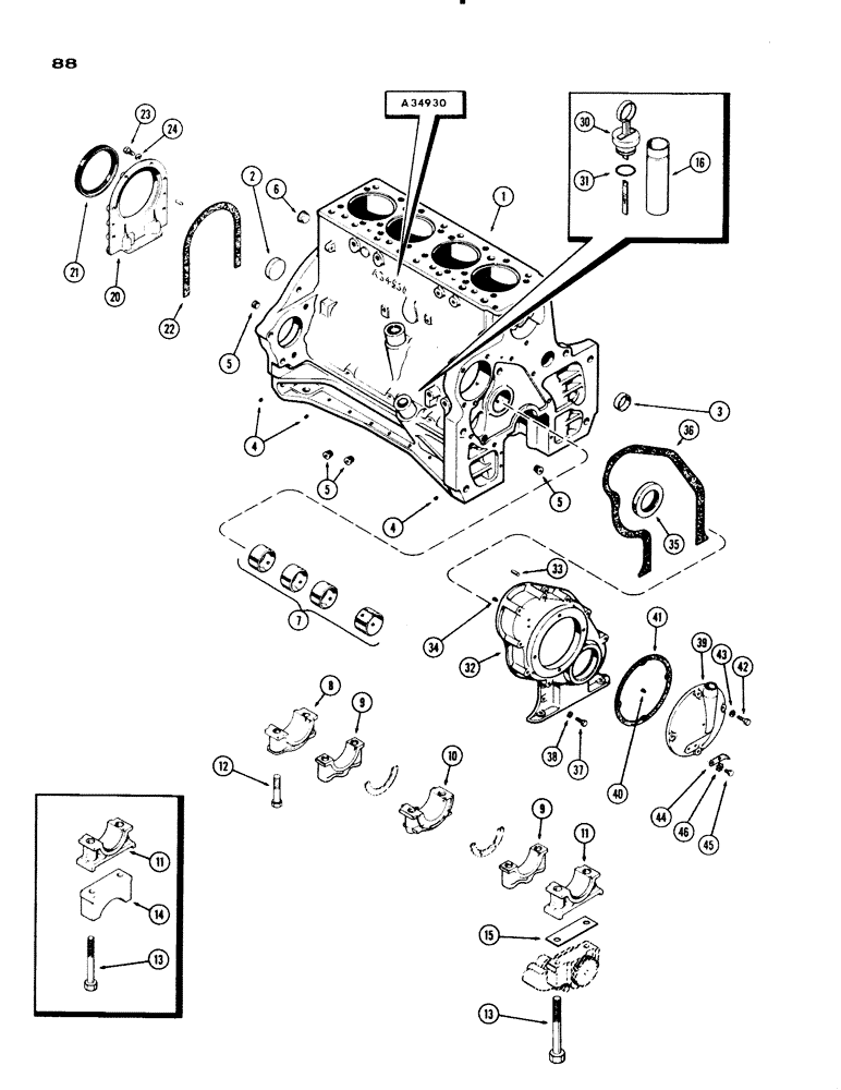 Схема запчастей Case IH 730 SERIES - (088) - CYLINDER BLOCK ASSEMBLY, MODEL 730, 251 SPARK IGNITION ENGINE, CASTING NO. A34930 (02) - ENGINE