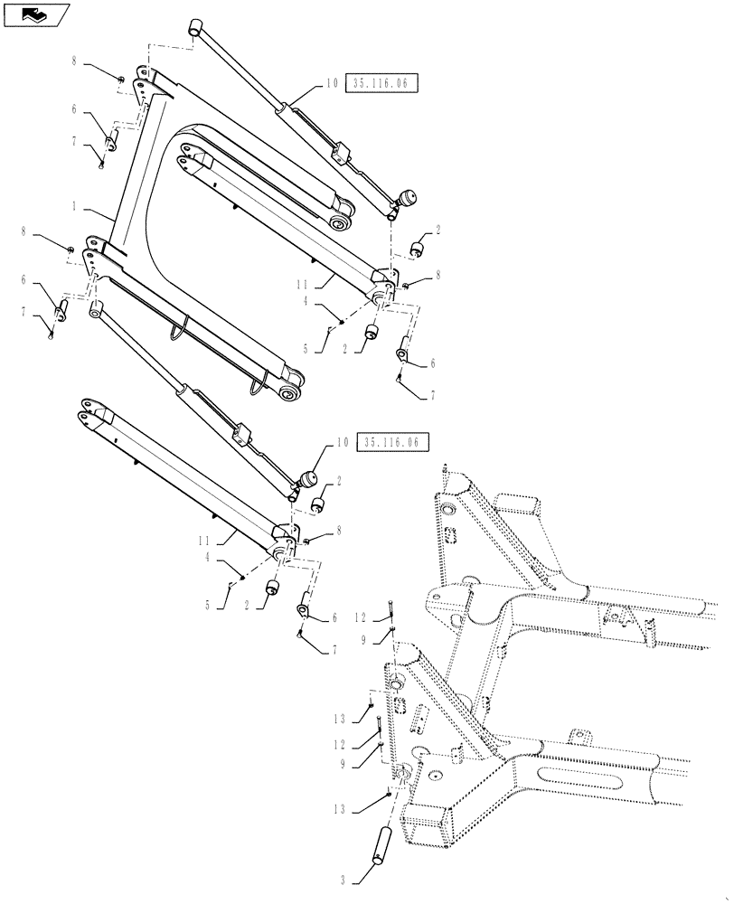 Схема запчастей Case IH 3230 - (39.105.06[01]) - BOOM LIFT LINKAGE, 90/100 BOOM, BSN YBT031187 (39) - FRAMES AND BALLASTING