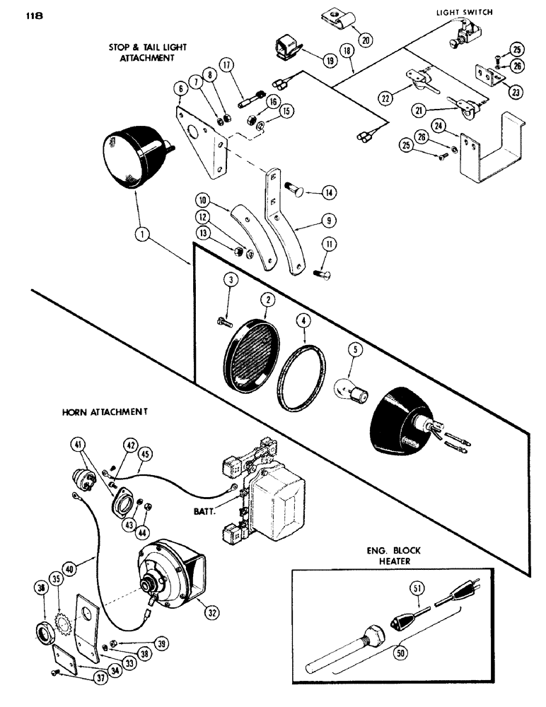 Схема запчастей Case IH 430 - (118) - STOP AND TAIL LAMP ATTACHMENT, HORN ATTACHMENT, ENGINE BLOCK HEATER (04) - ELECTRICAL SYSTEMS