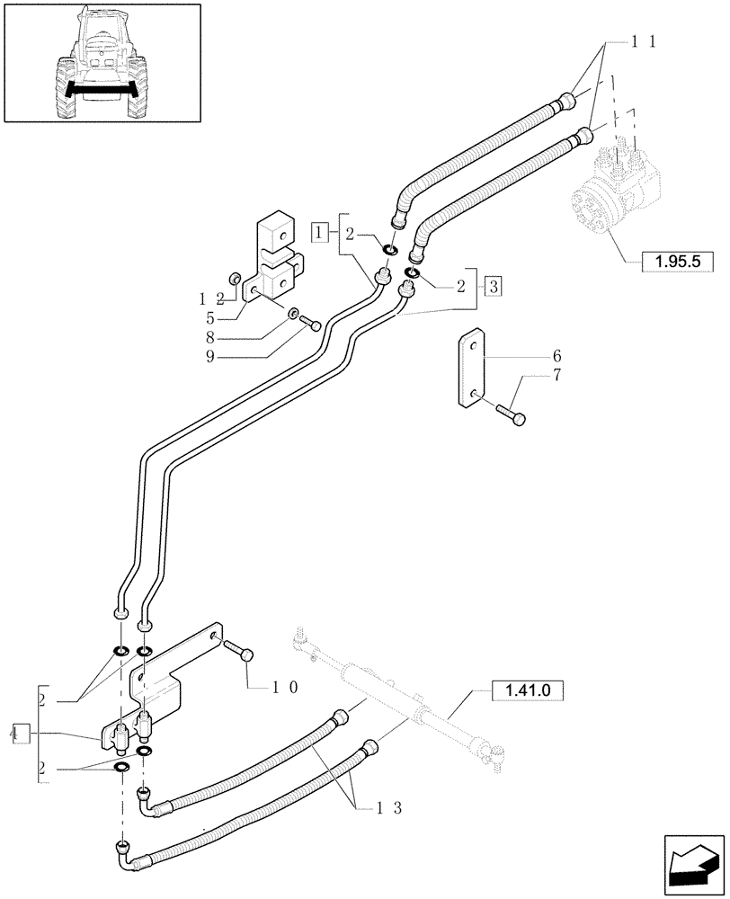 Схема запчастей Case IH MXU115 - (1.42.0[01]) - 2WD STEERING CYLINDER PIPES AND POWER STEERING PIPES (04) - FRONT AXLE & STEERING