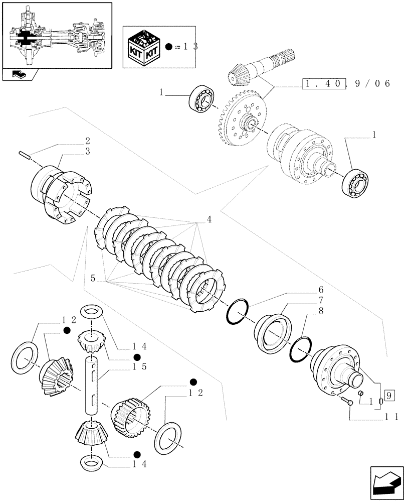 Схема запчастей Case IH PUMA 125 - (1.40. 9/07[01]) - (CL.3) SUSPENDED FRONT AXLE WITH HYDR. DIFF. LOCK, ST. SENSOR AND BRAKES- DIFFERENTIAL - C5954 (VAR.330427) (04) - FRONT AXLE & STEERING