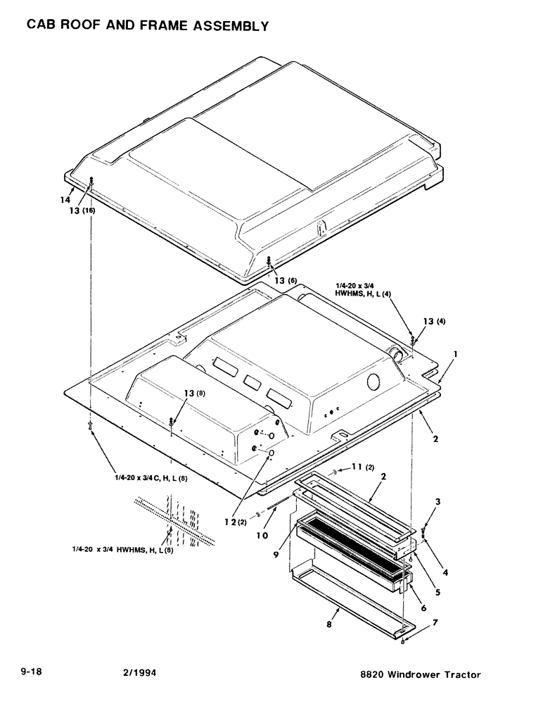 Схема запчастей Case IH 8820 - (9-18) - CAB ROOF AND FRAME ASSEMBLY (09) - CHASSIS/ATTACHMENTS