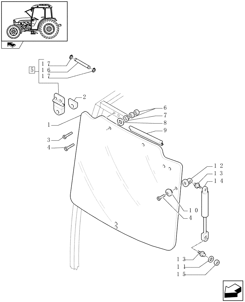 Схема запчастей Case IH FARMALL 85C - (1.92.92/01[01]) - HINGED WINDSHIELD - WINDOW, CYLINDER AND HINGES (VAR.330660) (10) - OPERATORS PLATFORM/CAB