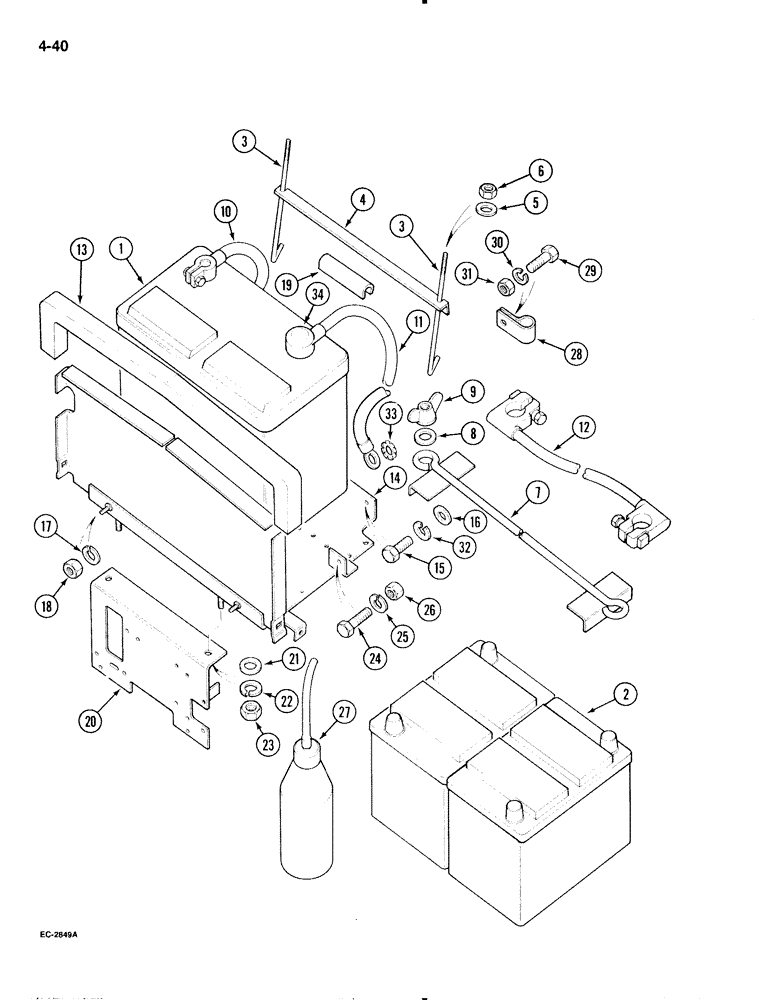 Схема запчастей Case IH 595 - (4-40) - BATTERY TRAY, BATTERY AND CABLES, WITHOUT CAB (04) - ELECTRICAL SYSTEMS