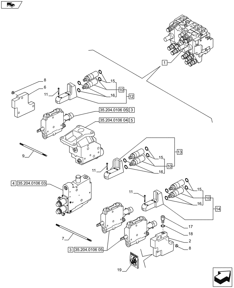 Схема запчастей Case IH PUMA 200 - (35.204.0106[02]) - 3 REMOTE CONTROL VALVES, MECHANICAL, COMPONENTS (35) - HYDRAULIC SYSTEMS