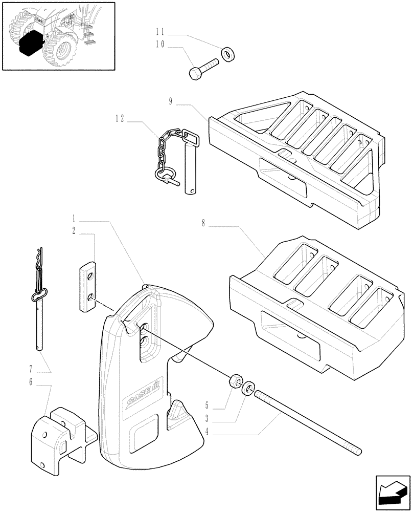 Схема запчастей Case IH MAXXUM 110 - (1.21.5/03) - FRONT WEIGHT CARRIER AND WEIGHTS WITH PULL HOOK (VAR.330223-330224-330228) (03) - TRANSMISSION