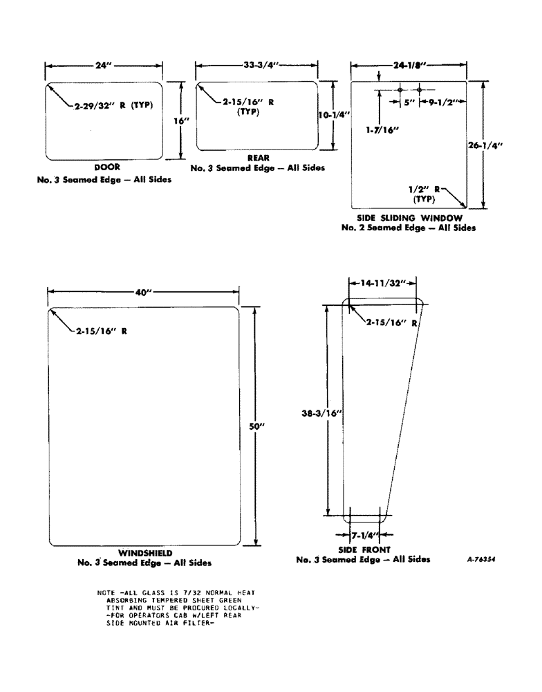 Схема запчастей Case IH 503 - (263) - CAB WINDOW GLASS DIMENSIONS (90) - PLATFORM, CAB, BODYWORK AND DECALS
