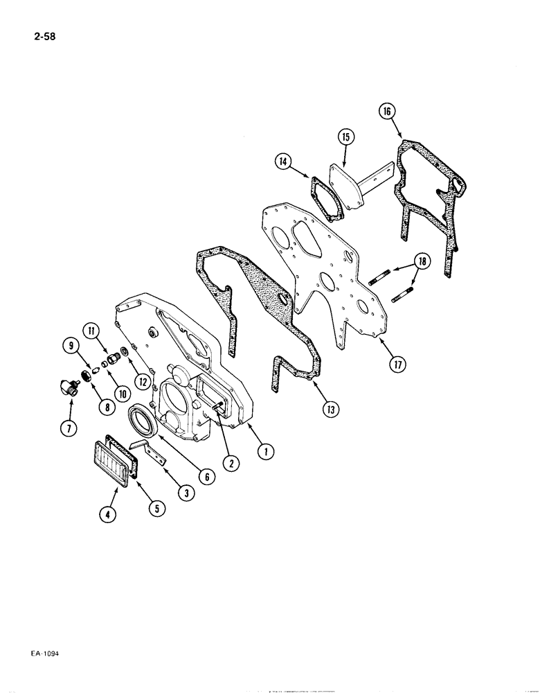 Схема запчастей Case IH 385 - (2-058) - CYLINDER BLOCK FRONT COVER (02) - ENGINE