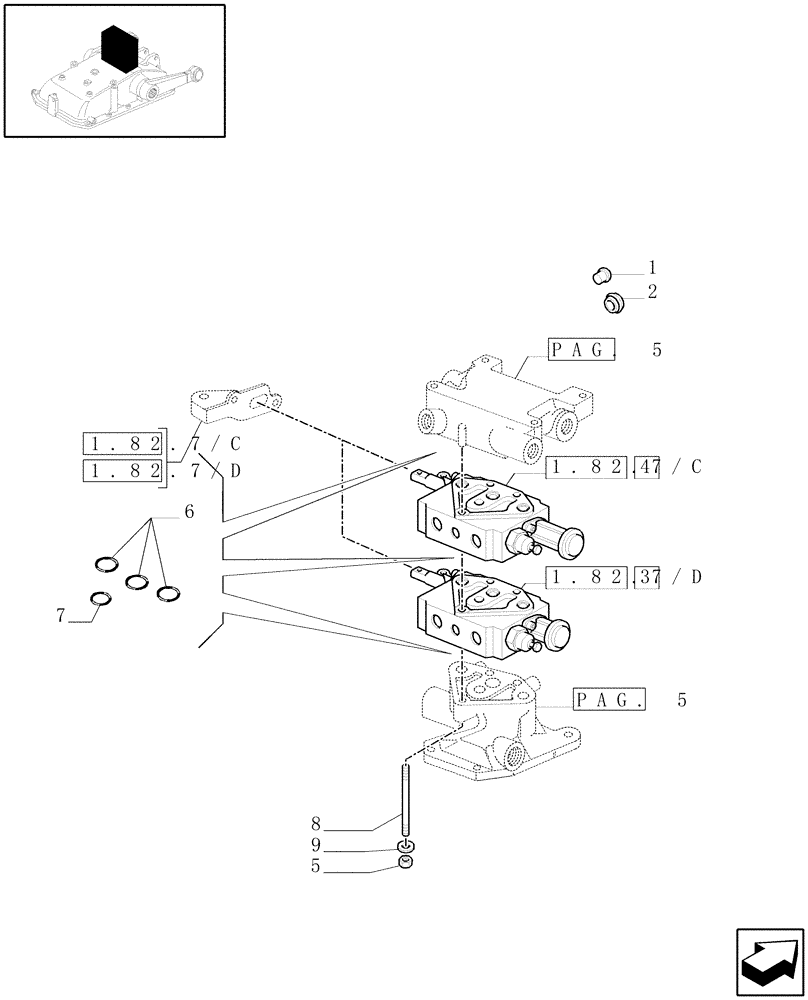 Схема запчастей Case IH JX1075N - (1.82.7/01[04]) - (VAR.821-832) ELECTRONIC LIFT (OPEN CENTER) - EXTRA EXTERNAL CONTROL VALVE AND PIPES, RINGS AND FORK - D5484 (07) - HYDRAULIC SYSTEM