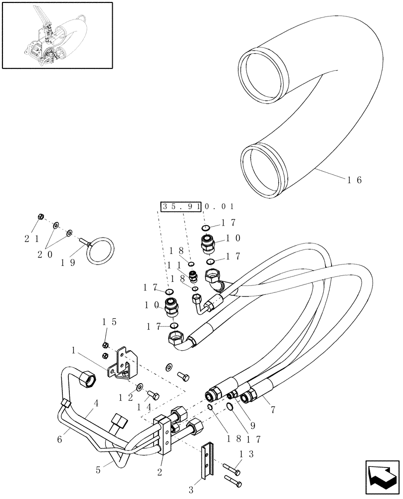 Схема запчастей Case IH 7120 - (35.910.02[01]) - HYDRAULIC LINES - CLEANING FAN DRIVE; NARROW TIRE OPTION - FROM MY2010 (35) - HYDRAULIC SYSTEMS