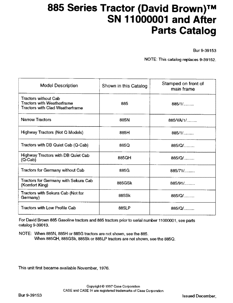 Схема запчастей Case IH 885 - (1-01) - 885 SERIES TRACTOR, DAVID BROWN, SERIAL NUMBER 11000001 AND AFTER PARTS CATALOG (00) - PICTORIAL INDEX