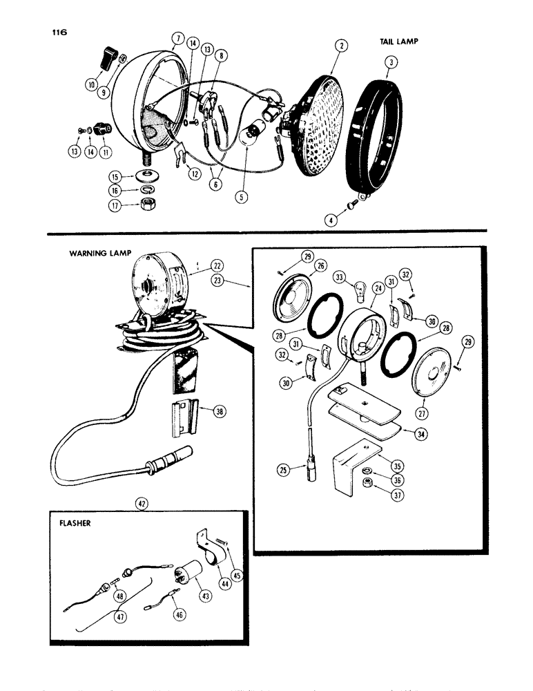 Схема запчастей Case IH 430 - (116) - COMBINATION FLOOD AND TAIL LAMP, WARNING LAMP ATTACHMENT, AND FLASHER ATTACHMENT (04) - ELECTRICAL SYSTEMS