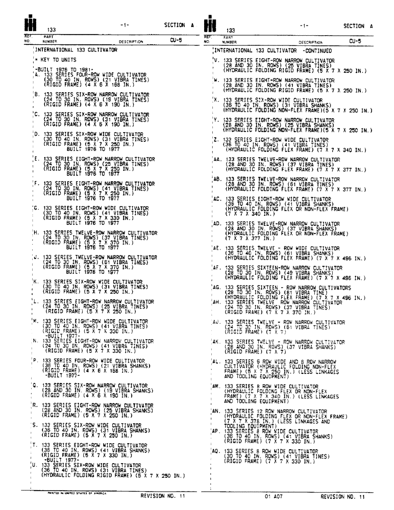 Схема запчастей Case IH 133 - (A-01) - INTERNATIONAL 133 CULTIVATOR - KEY TO UNITS (00) - PICTORIAL INDEX