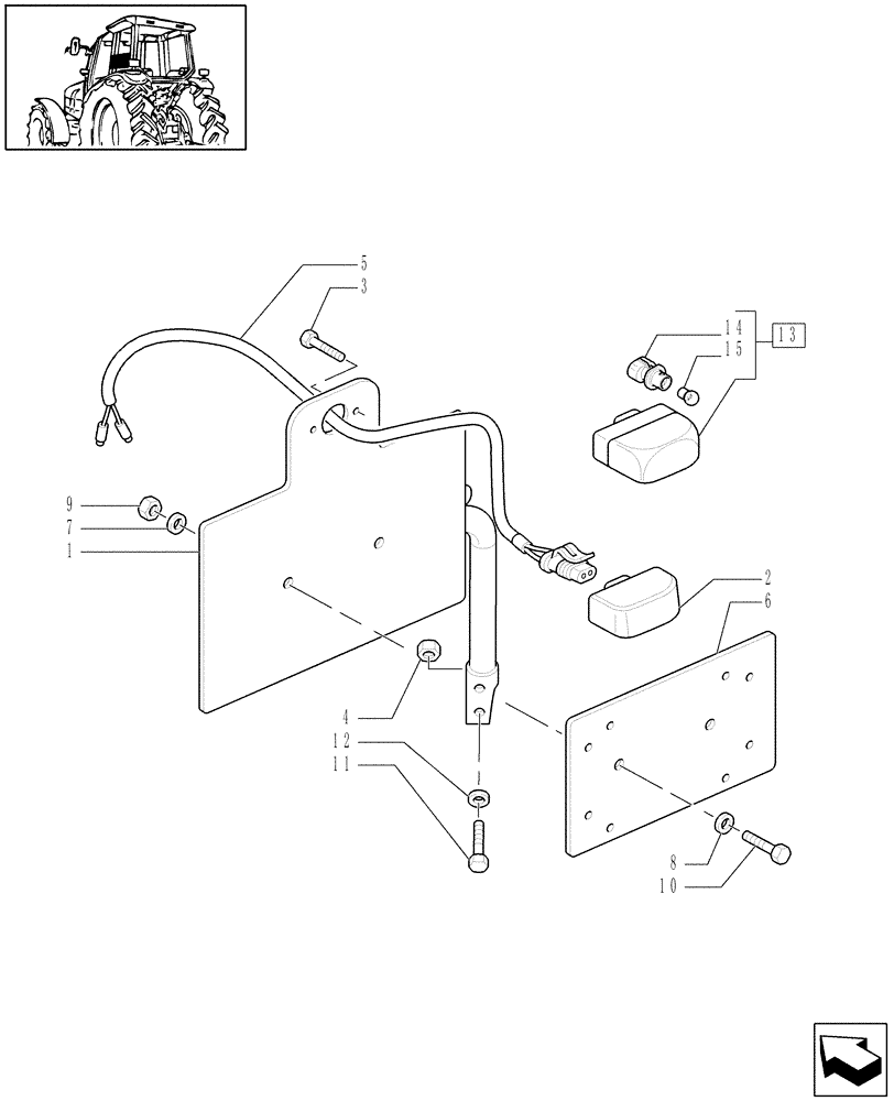 Схема запчастей Case IH MXU130 - (1.98.3[01]) - (VAR.965) LICENSE PLATE LAMP & SUPPORT, MOUNTING ON MUDGUARD (W/CAB) (10) - OPERATORS PLATFORM/CAB