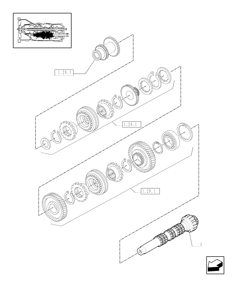 Схема запчастей Case IH JX1070C - (1.28.1/04) - (VAR.139/1) NA - 8X8 (30 KM/H) SYNCHRONIZED - DRIVEN GEAR SHAFT (03) - TRANSMISSION