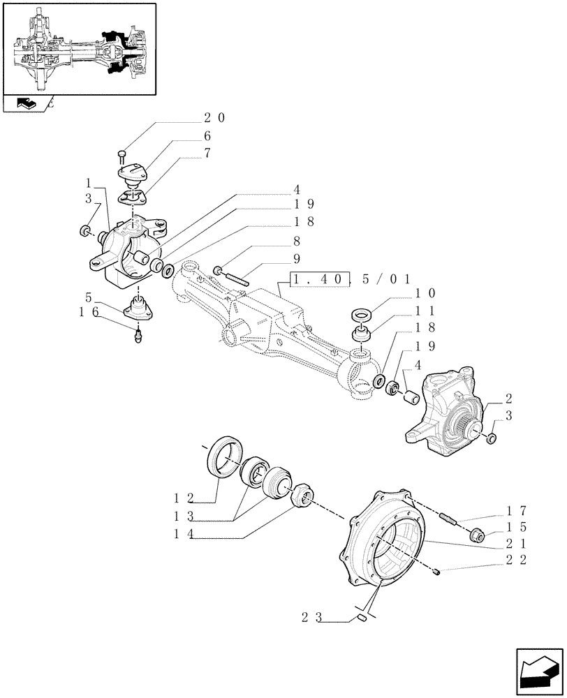 Схема запчастей Case IH MAXXUM 115 - (1.40.5/02[01]) - (CL.4) SUSPENDED FRONT AXLE W/MULTI-PLATE DIFF. LOCK AND ST. SENSOR - STEERING AXLES AND HUBS (VAR.330429) (04) - FRONT AXLE & STEERING