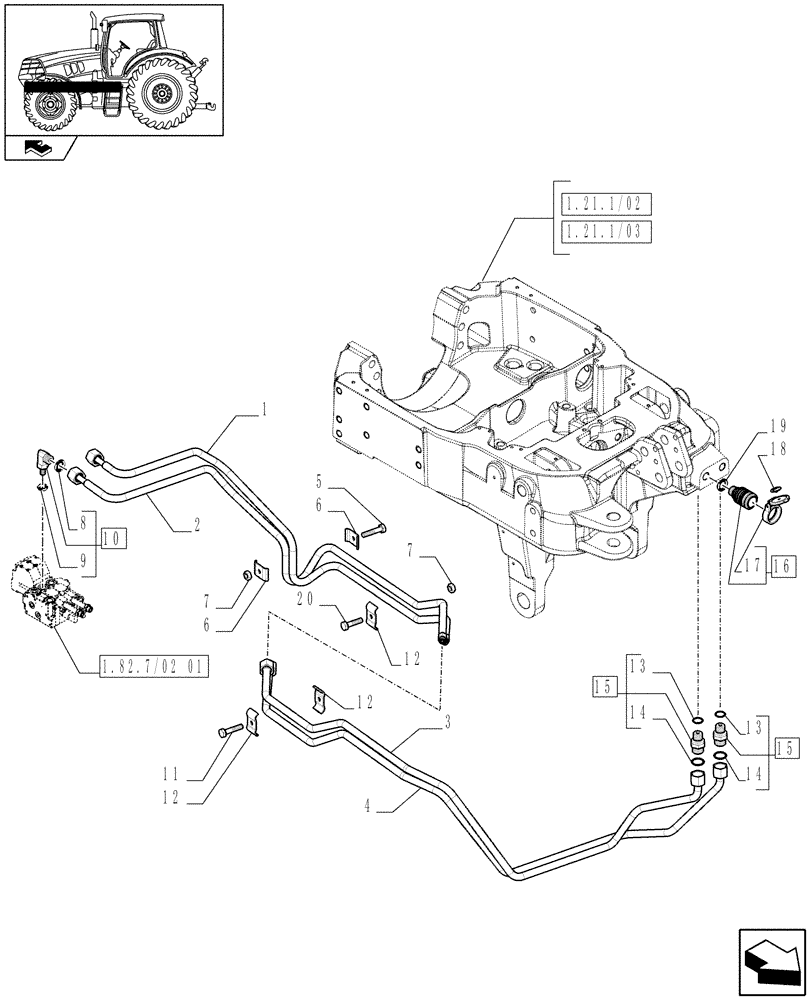 Схема запчастей Case IH MAXXUM 110 - (1.81.9/02) - 2 FRONT COUPLERS FOR INTEGRATED FRONT HPL FROM MID MOUNT VALVES - PIPES (VAR.332814) (07) - HYDRAULIC SYSTEM