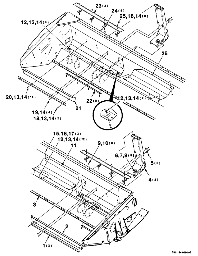 Схема запчастей Case IH 625 - (7-28) - AUGER PAN AND STRIPPER ASSEMBLY, 18 FOOT (58) - ATTACHMENTS/HEADERS