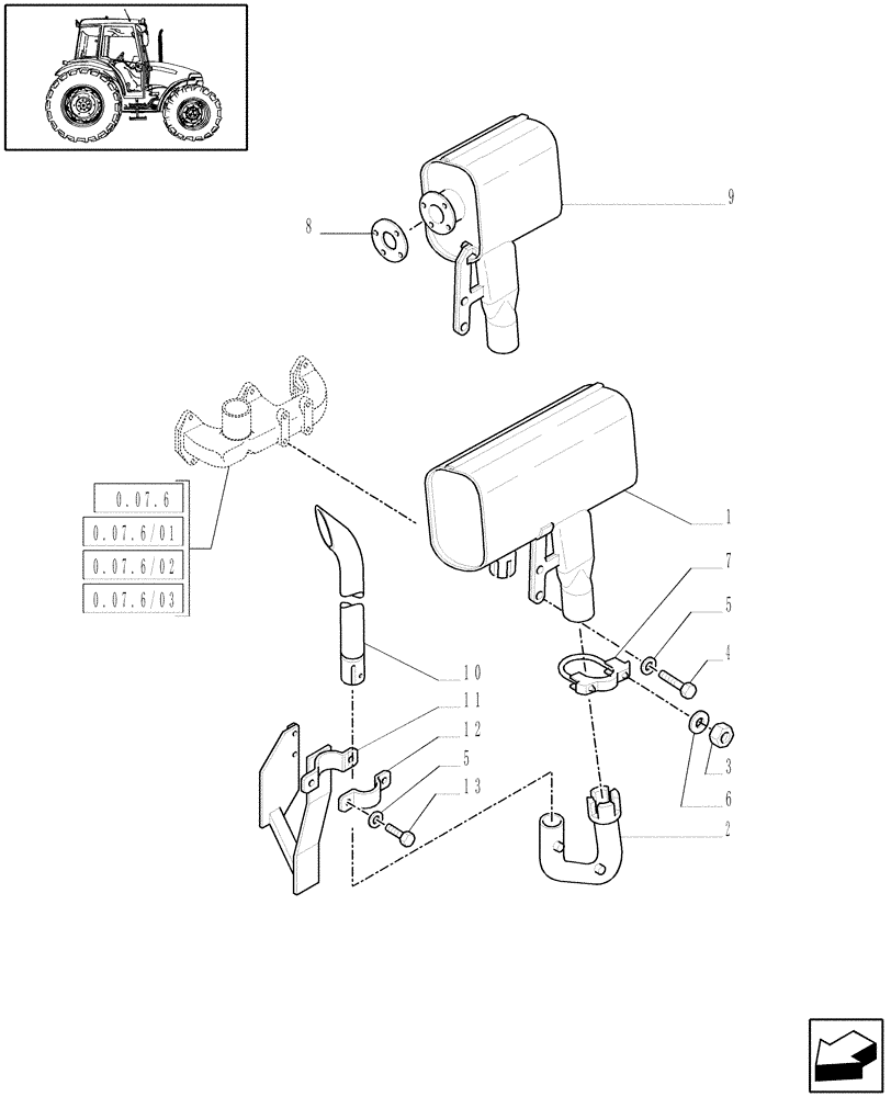 Схема запчастей Case IH JX90 - (1.15.1) - MUFFLER - PIPE, COLLARS AND SUPPORT (02) - ENGINE EQUIPMENT