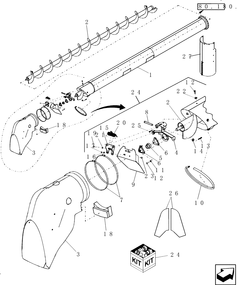 Схема запчастей Case IH 8010 - (80.180.05[02]) - UNLOADING AUGER, HORIZONTAL, 21 FT - PIN HAJ202001 & AFTER - 7010/8010 (80) - CROP STORAGE/UNLOADING