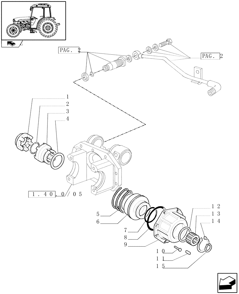 Схема запчастей Case IH FARMALL 65C - (1.40.5/08[01]) - FRONT AXLE WITH ELECTROHYDR. DIFF. LOCK (40 KM/H) - HYDRAULIC DIFF. LOCK CONTROL (VAR.331323-332323) (04) - FRONT AXLE & STEERING