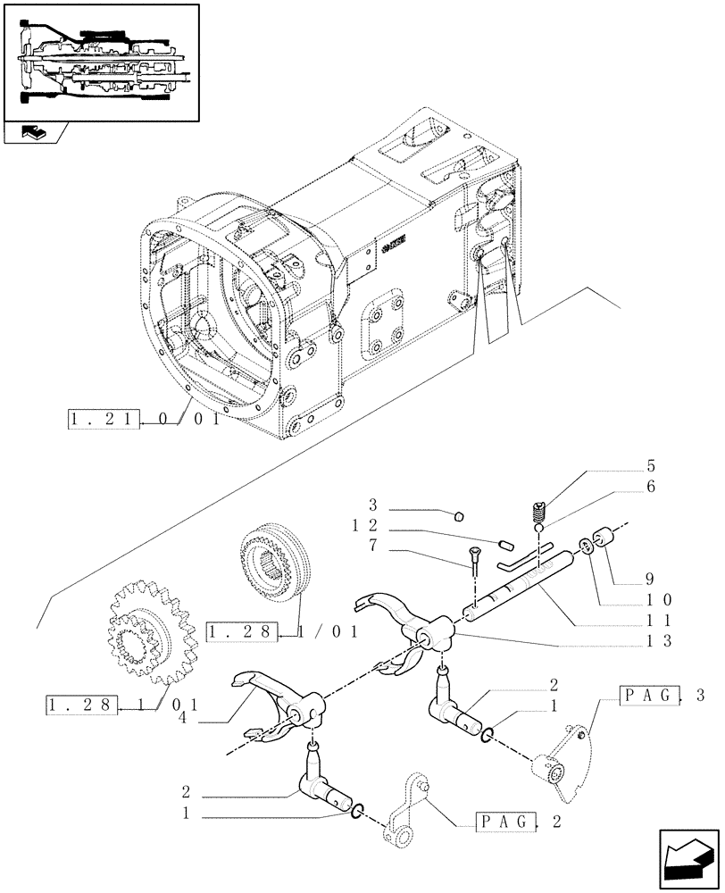 Схема запчастей Case IH FARMALL 105U - (1.29.0/01[01]) - 20X12 TRANSMISSION - CREEPER AND REVERSER GEARSHIFT MECHANISM - RODS AND FORKS (VAR.330113-331113) (03) - TRANSMISSION