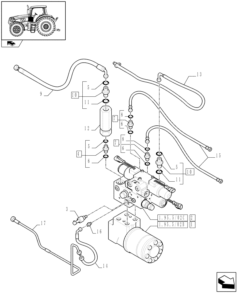 Схема запчастей Case IH PUMA 210 - (1.95.5/02[01A]) - (VAR.190-332-348) AUTOGUIDANCE STEERING SYSTEM - VALVES AND PIPES - D6831 (10) - OPERATORS PLATFORM/CAB