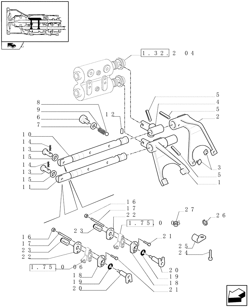 Схема запчастей Case IH PUMA 155 - (1.32.2[01]) - TRANSMISSION 18X6 OR 19X6 - REDUCTION UNIT CONTROLS - RODS AND FORKS (03) - TRANSMISSION