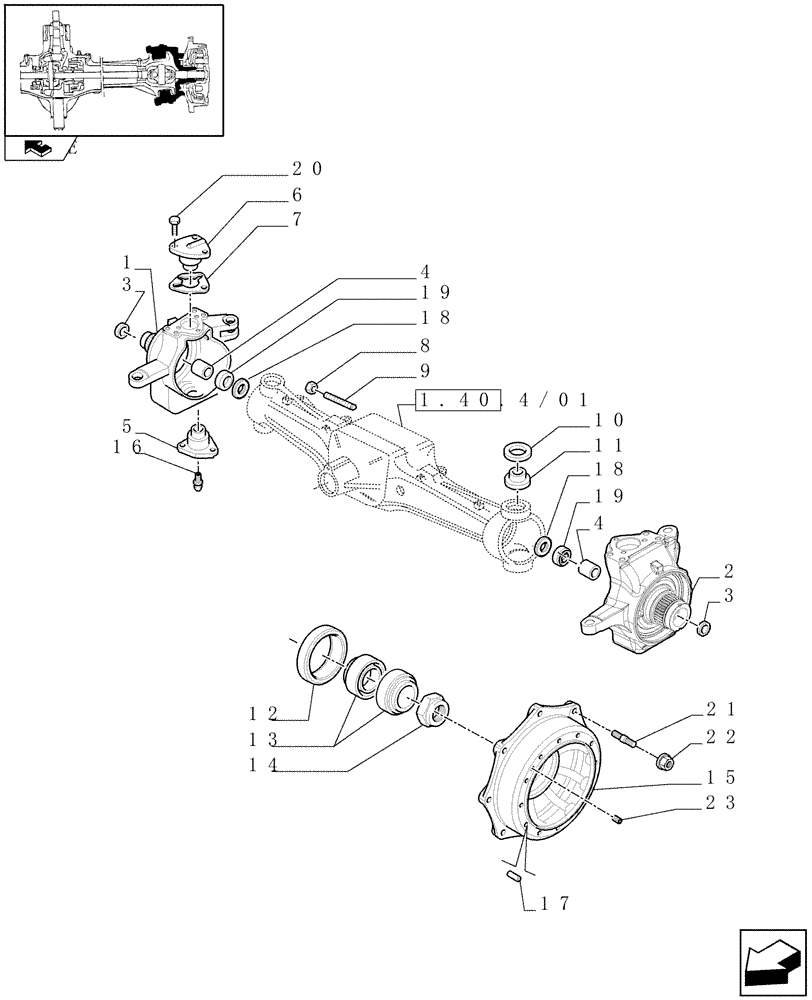 Схема запчастей Case IH PUMA 125 - (1.40.4/02[01]) - (CL.4) FRONT AXLE W/MULTI-PLATE DIFF. LOCK AND STEERING SENSOR - STEERING KNUCKLES AND HUBS (VAR.330408) (04) - FRONT AXLE & STEERING