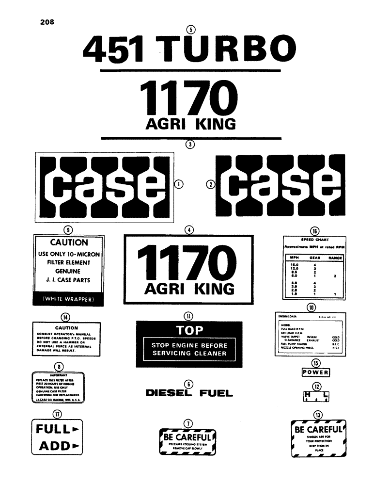 Схема запчастей Case IH 1170 - (208) - STANDARD DECALS, 1ST USED TRAC. SER. NO. 8675001 (09) - CHASSIS/ATTACHMENTS