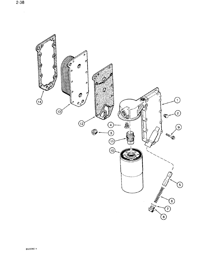 Схема запчастей Case IH 7110 - (2-38) - OIL FILTER AND COOLER, 6T-830 ENGINE, PRIOR TO ENGINE SERIAL NUMBER 44500128 (02) - ENGINE