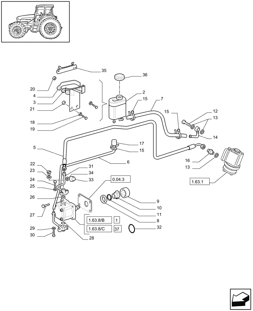 Схема запчастей Case IH JX90 - (1.63.8[01]) - POWER STEERING - PUMP AND PIPES (04) - FRONT AXLE & STEERING