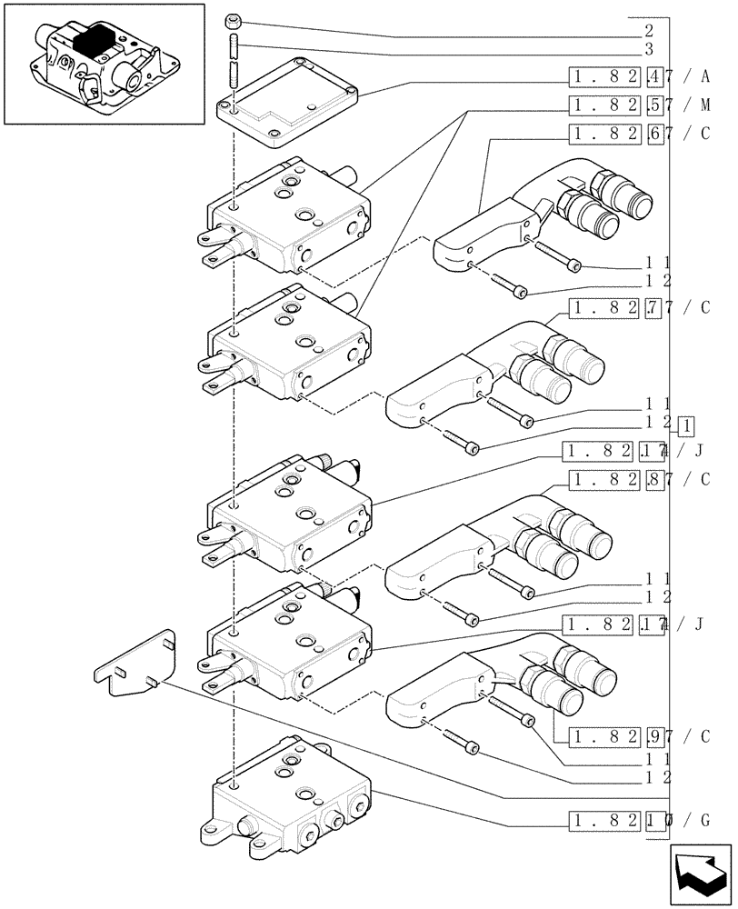 Схема запчастей Case IH MXU125 - (1.82.7/41[02]) - (VAR.005) 4 REMOTES(2NC+2CONFIG) FOR FIXED DISPLACEMENT PUMP FOR MDC AND RELEVANT PARTS (07) - HYDRAULIC SYSTEM