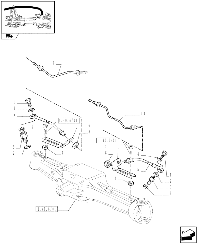 Схема запчастей Case IH FARMALL 65C - (1.40.6/13) - FRONT AXLE WITH ELECTROHYDR. DIFF. LOCK WITH FRONT BRAKE (40 KM/H)-PIPES (VAR.331329-332329-335329) (04) - FRONT AXLE & STEERING