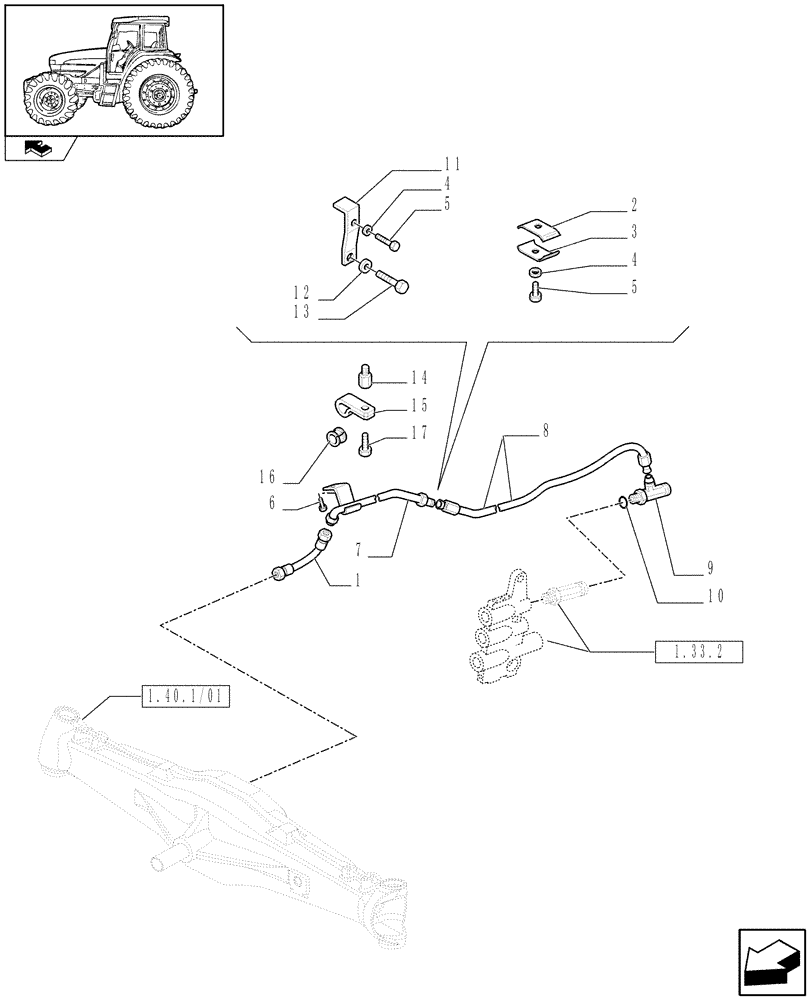 Схема запчастей Case IH FARMALL 105U - (1.33.2/03) - FRONT AXLE WITH DIFFERENTIAL LOCK - HYDRAULIC LINES - PIPES (VAR.330308) (04) - FRONT AXLE & STEERING