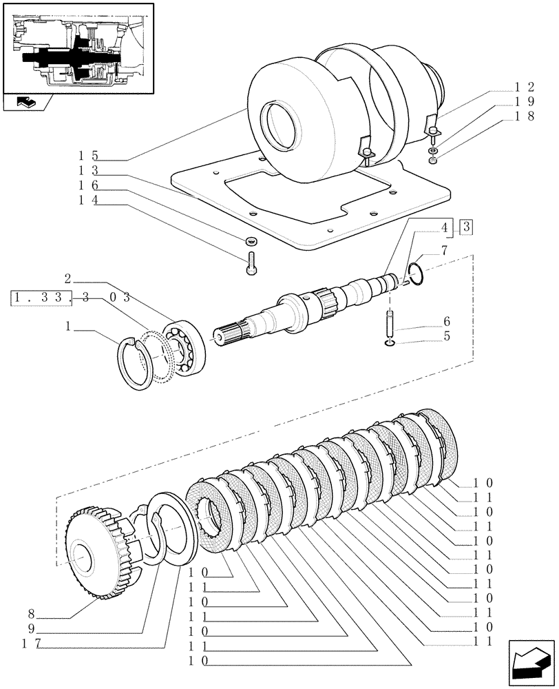 Схема запчастей Case IH PUMA 180 - (1.33.3[01]) - 4WD ENGAGEMENT CLUTCH CONTROL - SHAFT AND DISKS (04) - FRONT AXLE & STEERING