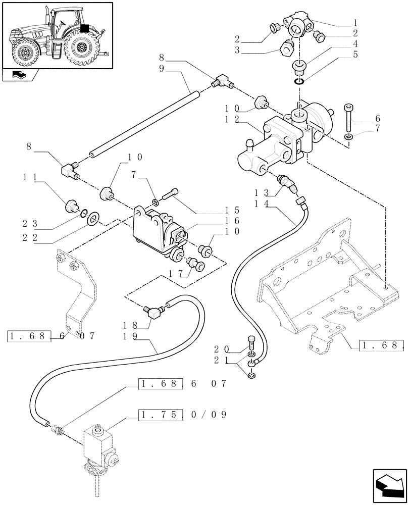 Схема запчастей Case IH PUMA 155 - (1.68.6[08]) - PNEUMATIC TRAILER BRAKE - CONTROL VALVE AND RELEVANT PARTS (VAR.332727-332737-332739) (05) - REAR AXLE