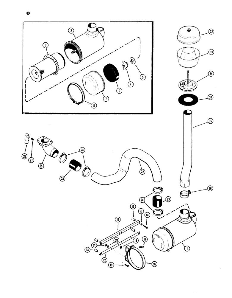 Схема запчастей Case IH 1030 - (008) - AIR CLEANER AND PRE-CLEANER (02) - ENGINE