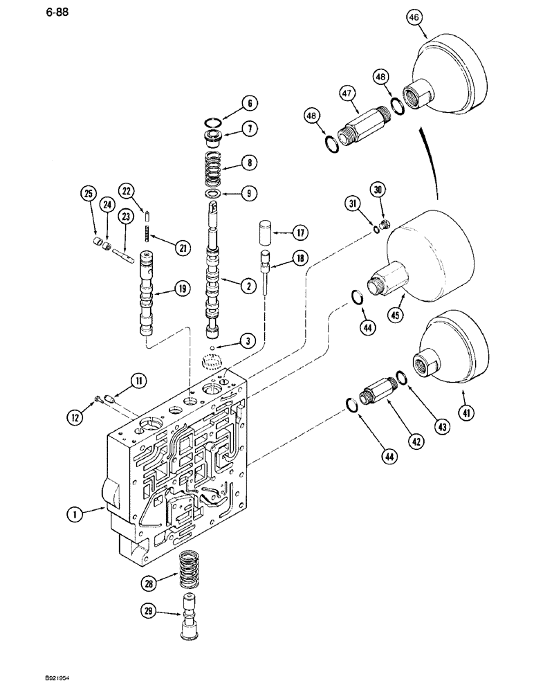 Схема запчастей Case IH 7110 - (6-088) - TRANSMISSION CONTROL VALVE ASSEMBLY, BODY SECTION AND ACCUMULATORS, FOUR SPEED REVERSE VALVES (06) - POWER TRAIN